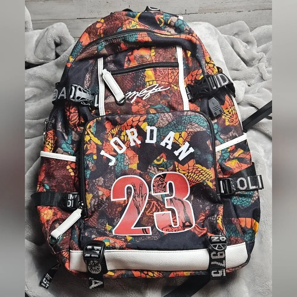 Colorful Graphic Streetwear Backpack – Bold 23 Print, Multi Pocket, Unisex